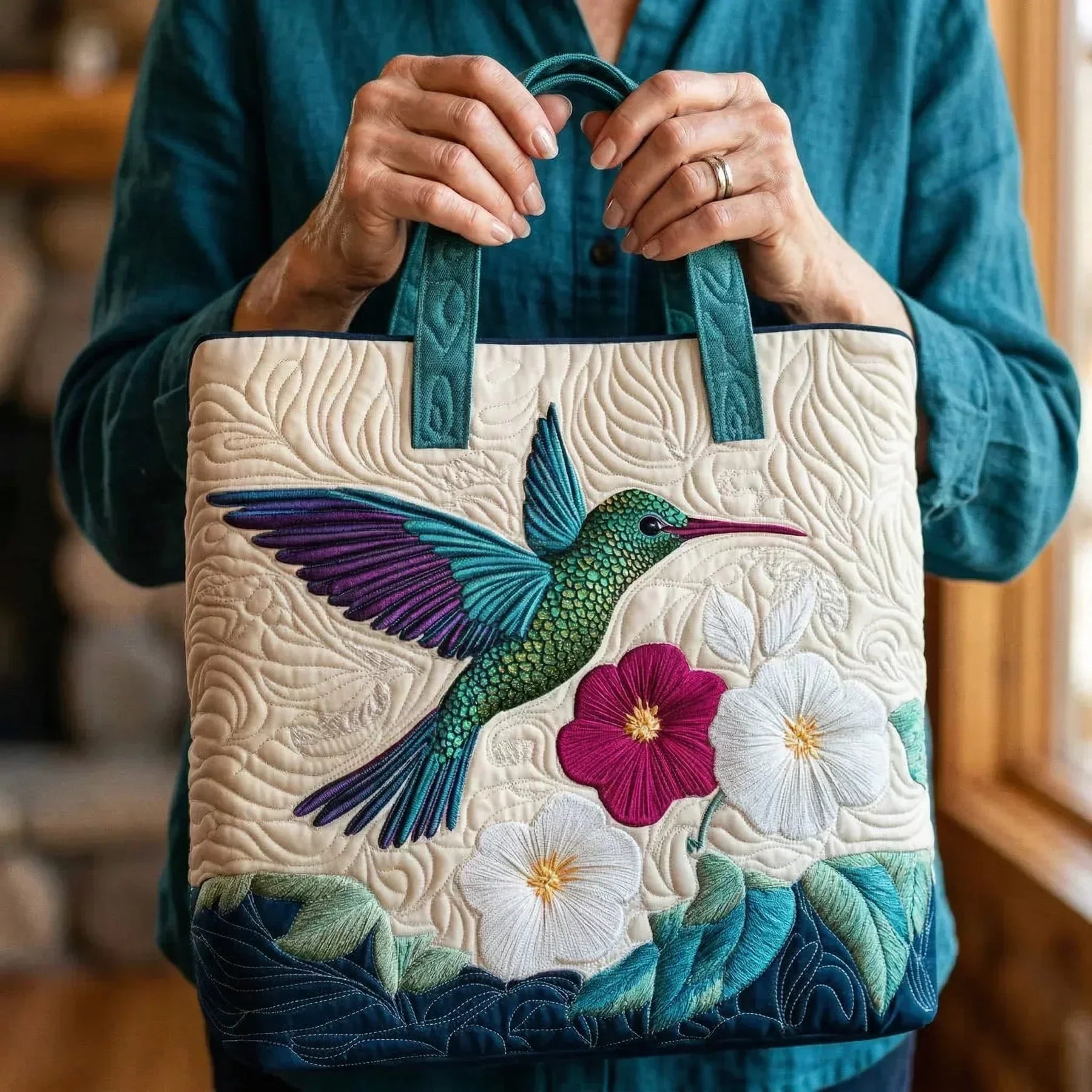 Quilted handmade bag with hummingbird and white flower design, shown in two sizes