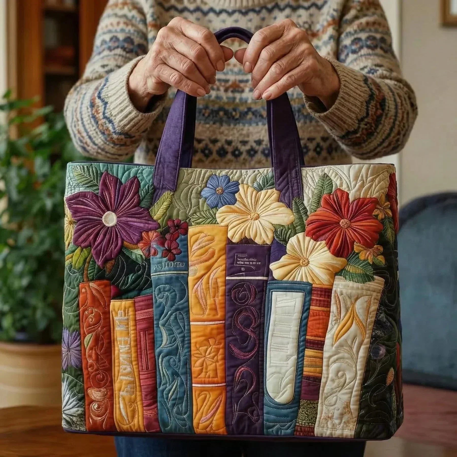 Book Lovers quilted tote bag with stitched texture and sturdy structure
