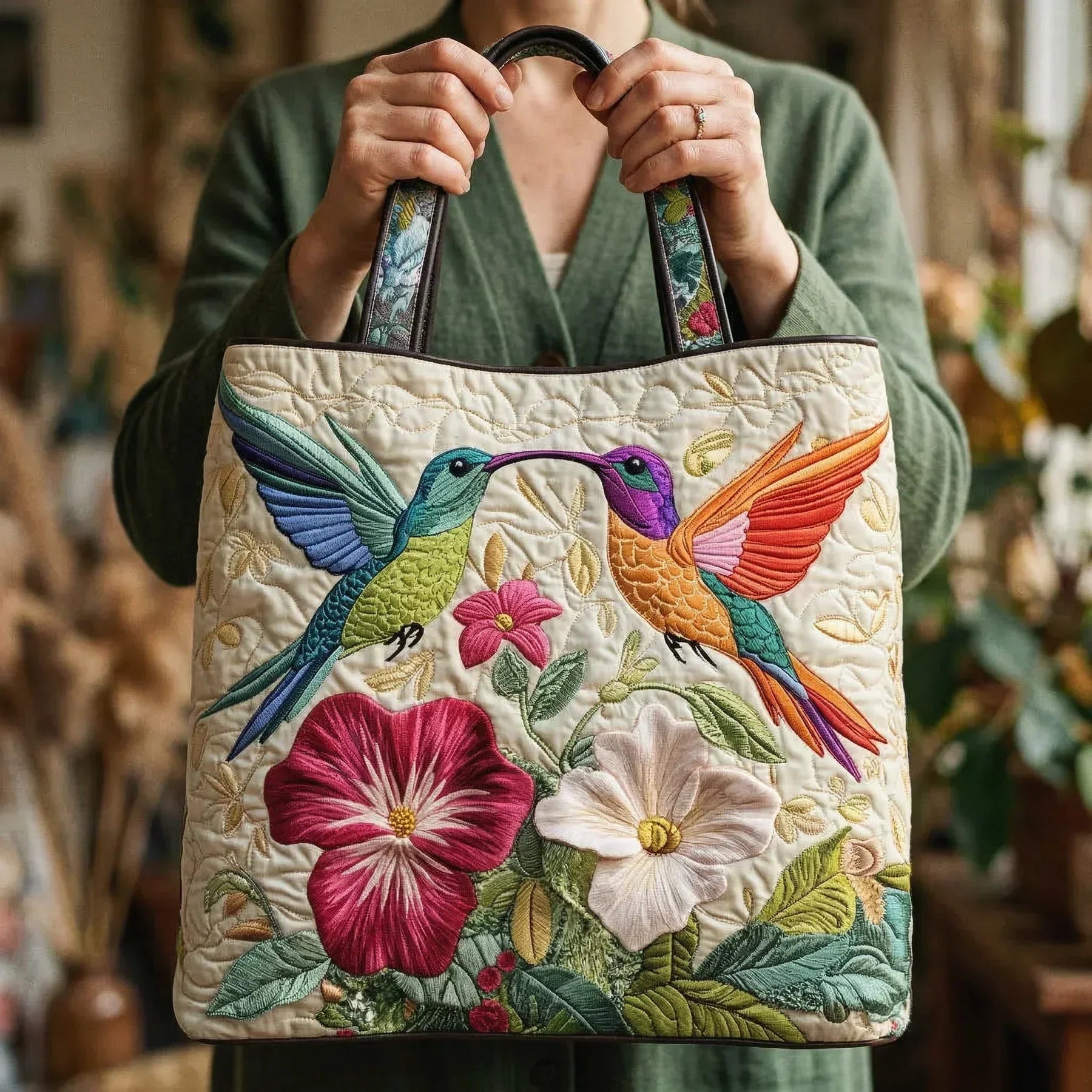 Quilted bag with hummingbird and white floral design in two sizes