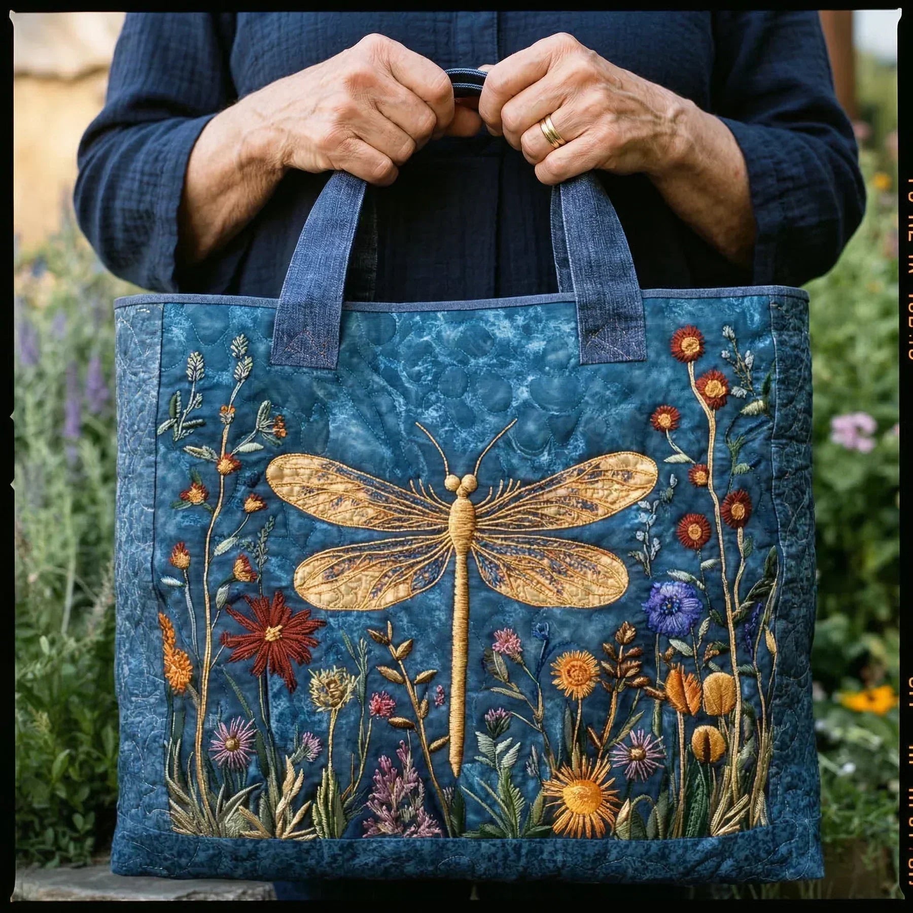Golden Dragonfly quilted handmade bag with dragonfly detail, shown in two sizes