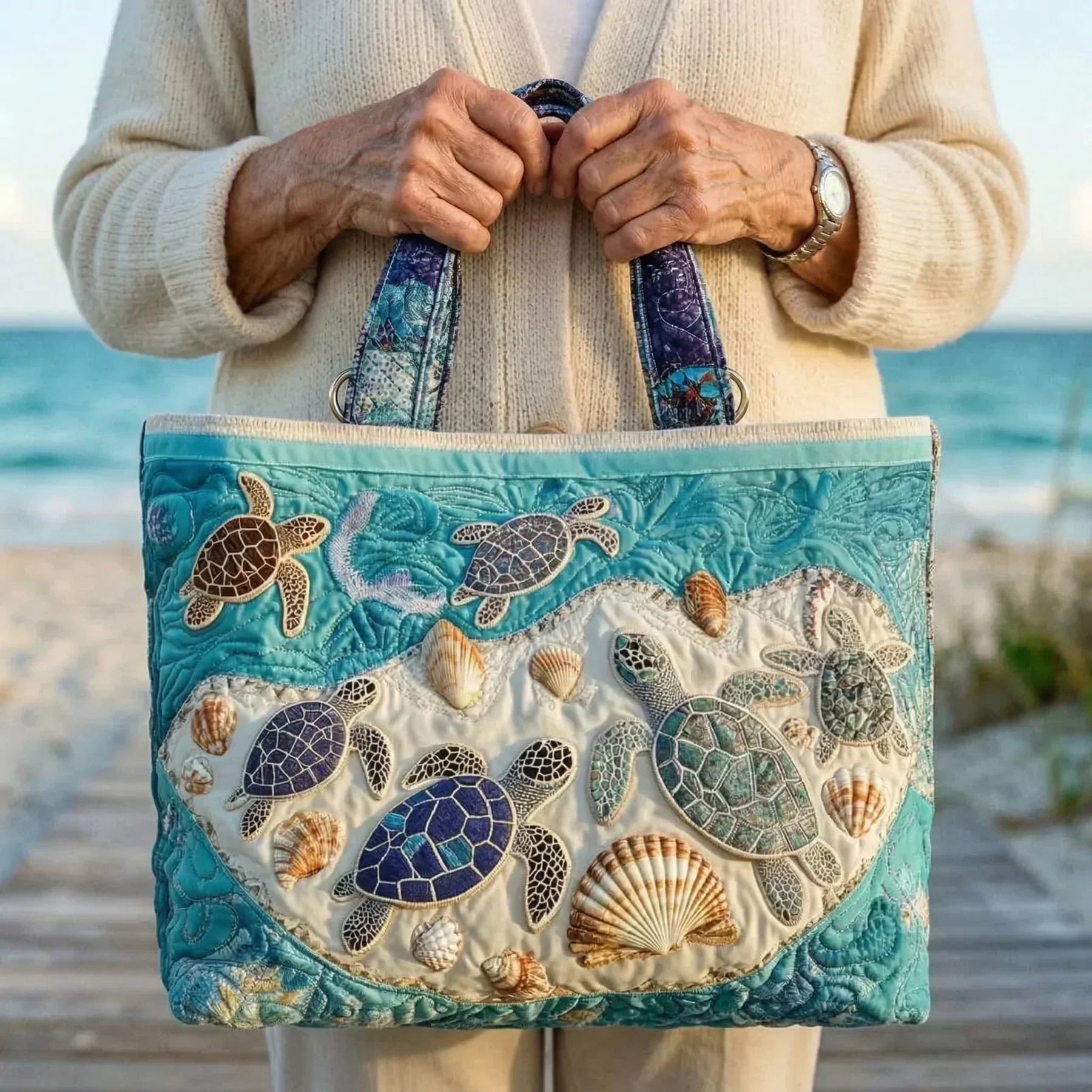 Artisanal handmade tote bag with turtle love design, shown in two sizes