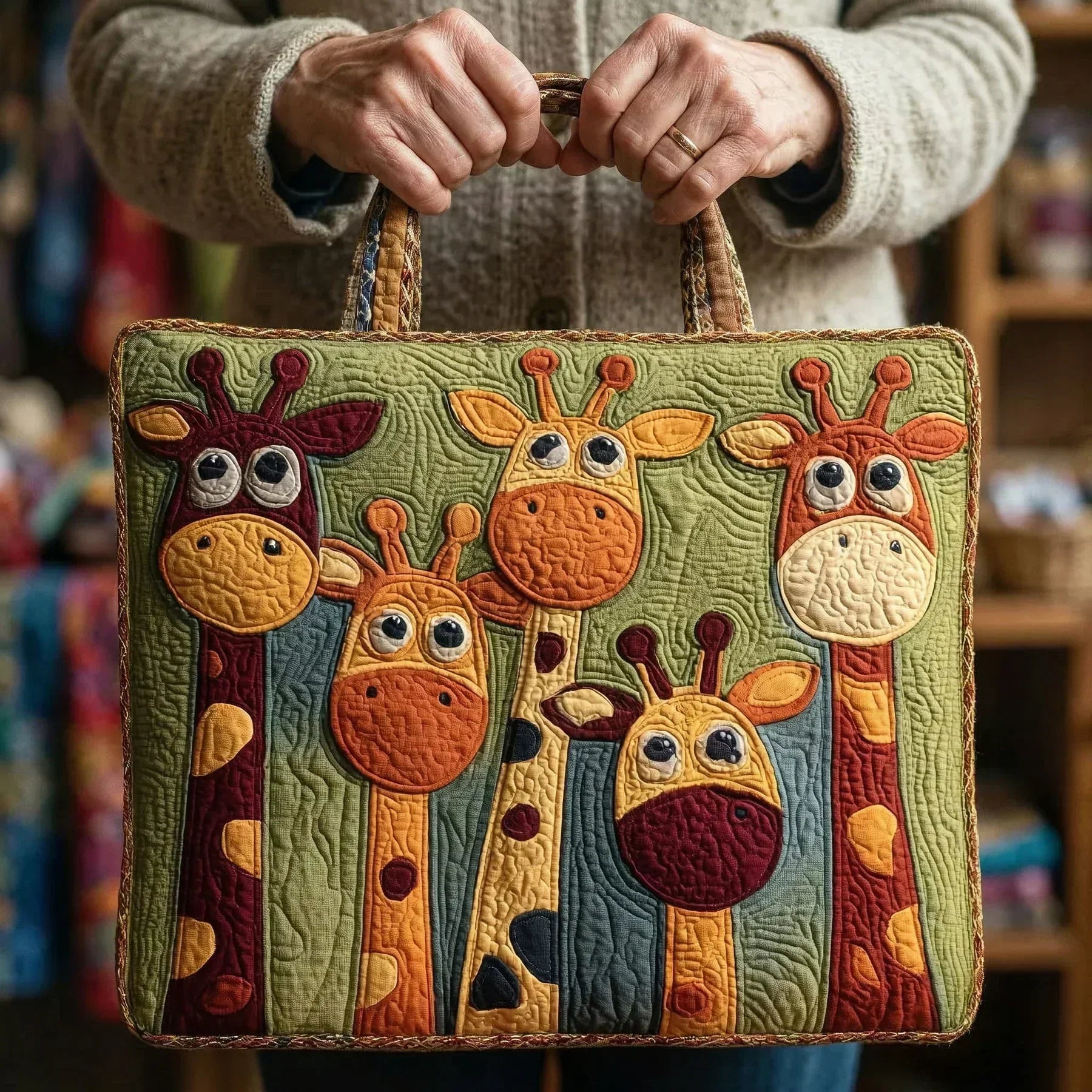 Quilted tote bag in giraffe print with structured stitching and carry handles