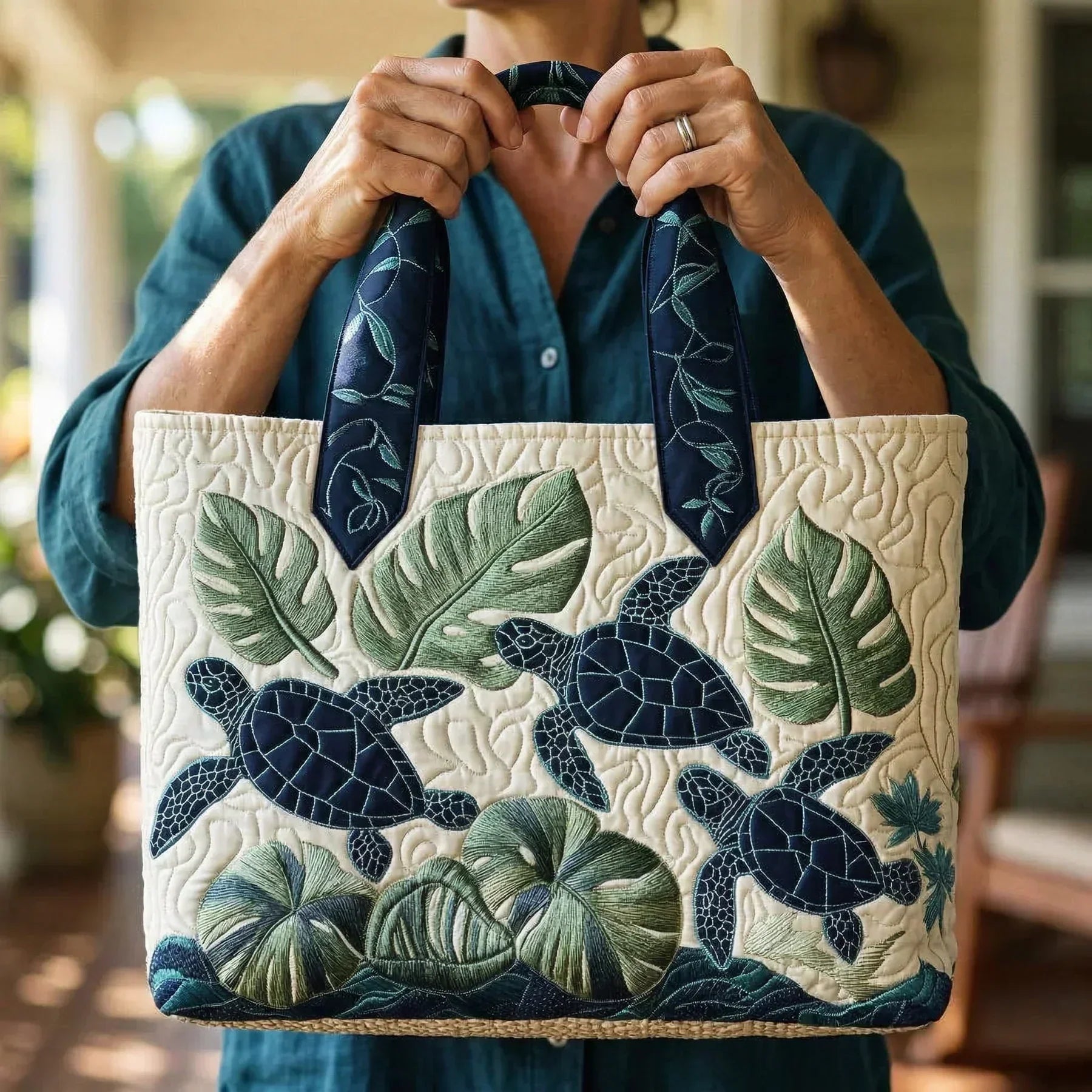 Handmade artisan sea turtle tote bag in two sizes for everyday use