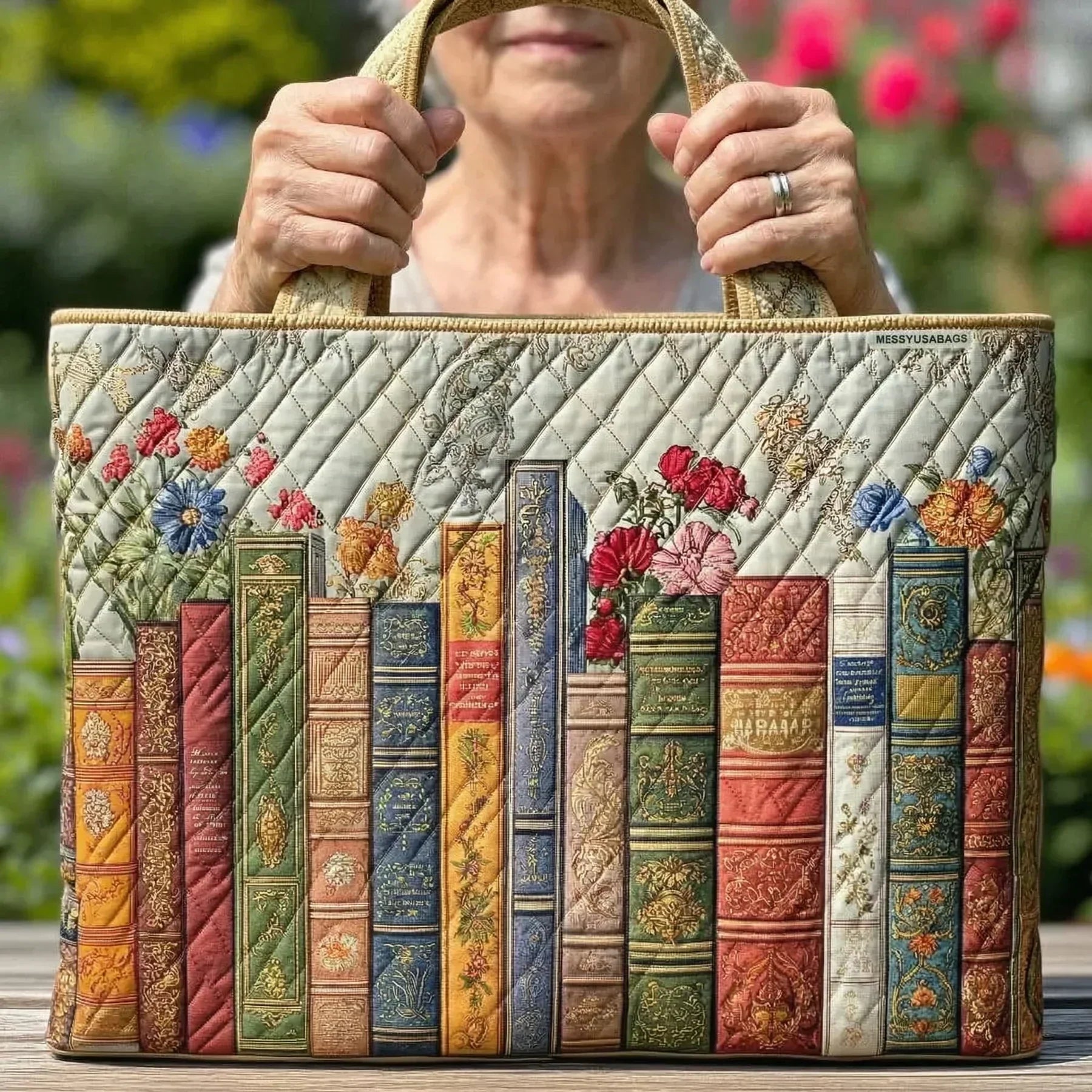 Enchanted Library quilted handmade bag with carefully stitched textured finish