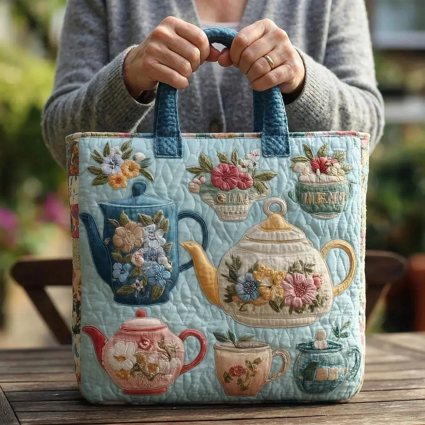 Handmade quilted bag with floral pattern shown in two carry sizes