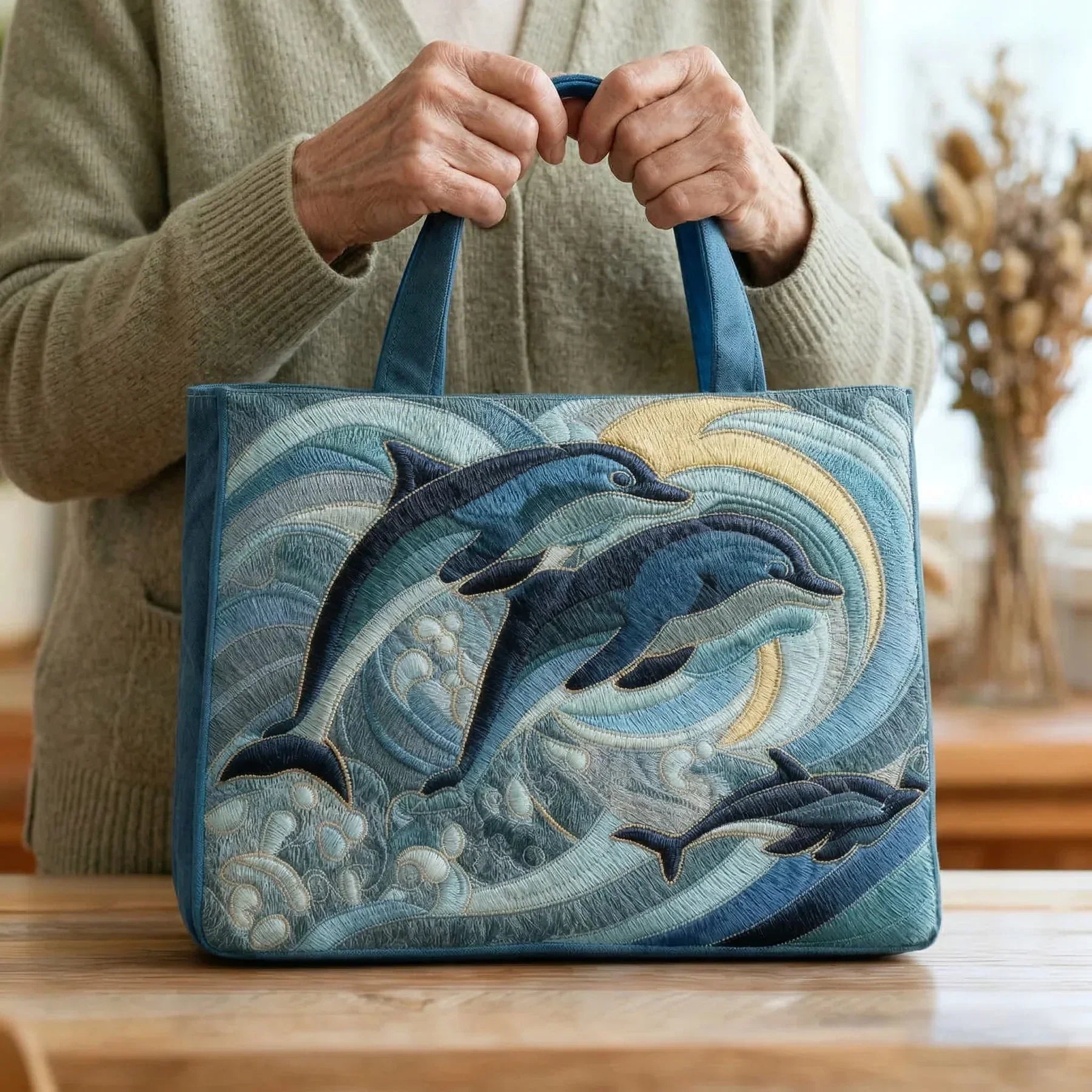 Ocean Dolphin handmade artisanal tote bag in two sizes for everyday carry