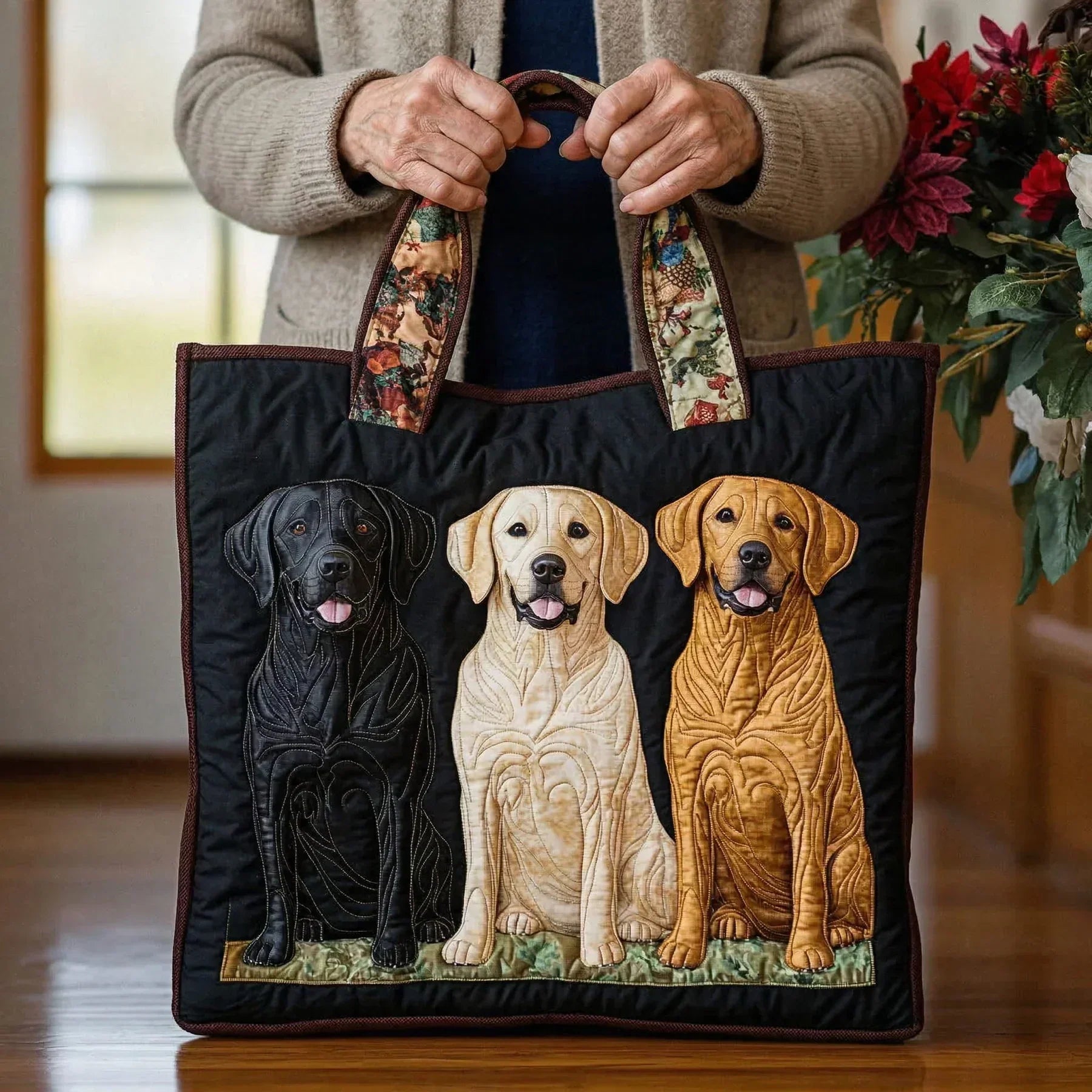 Handcrafted tote bag featuring a three labradors print, shown in two sizes