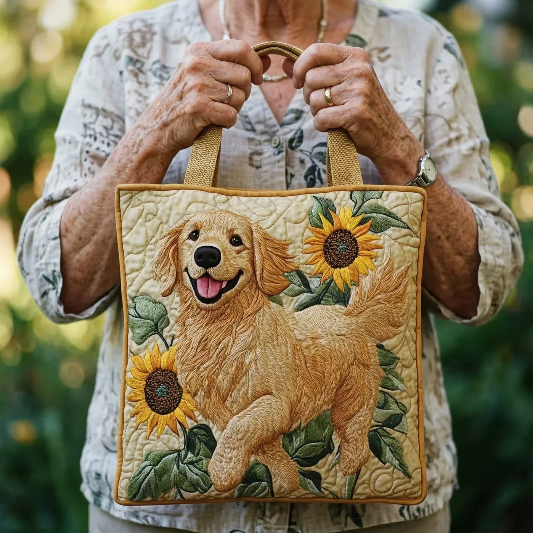 Handmade artisan tote bag featuring a Golden Retriever design, shown in two sizes