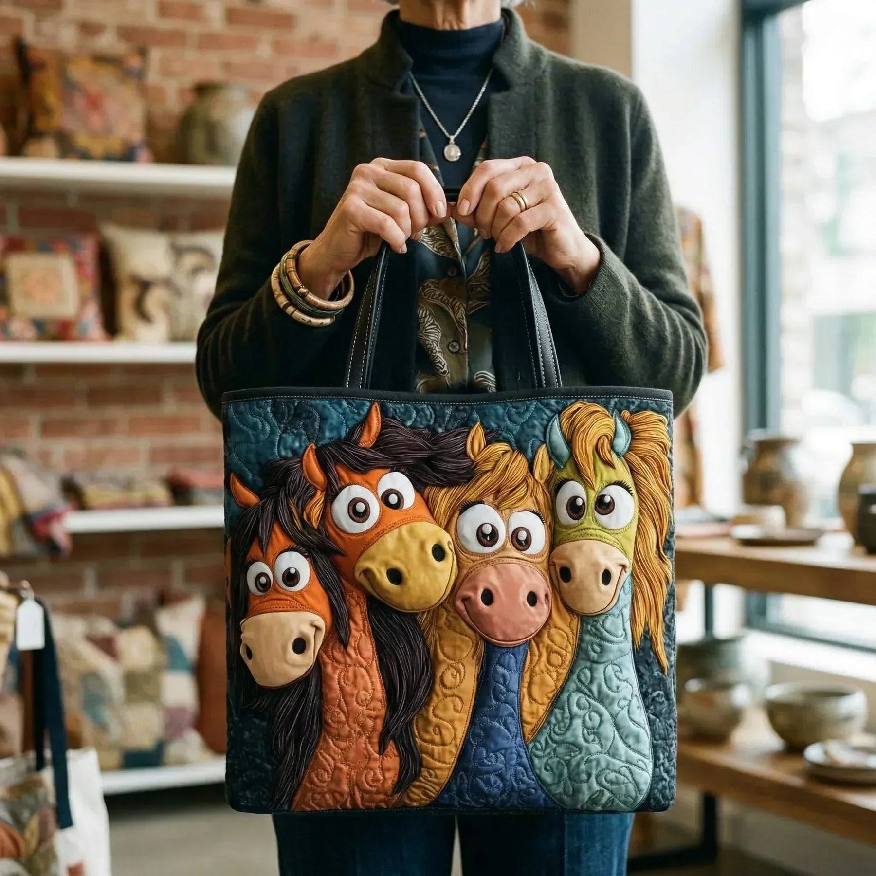 Handmade artisanal tote bag with a playful pony design, shown in two sizes