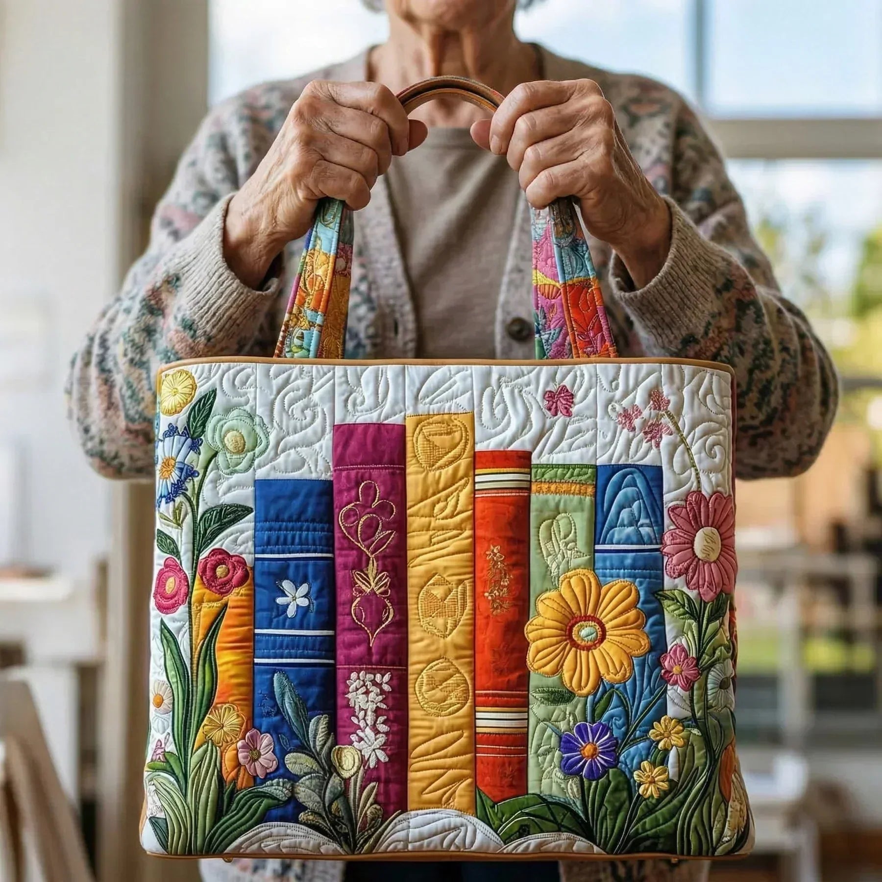 Handmade artisanal Floral Library tote bag shown in two sizes