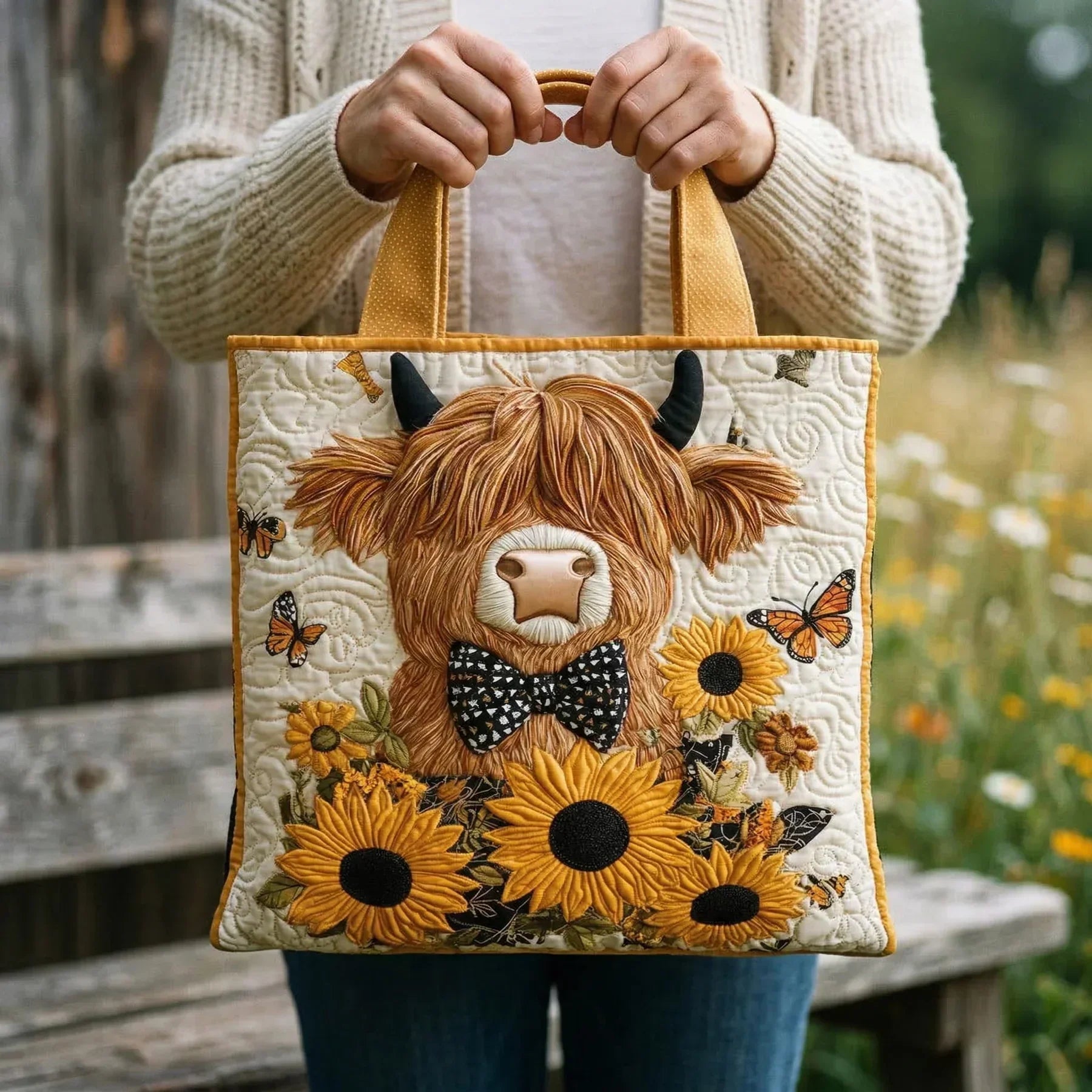 Quilted handmade bag with highland cow and sunflowers print in two sizes