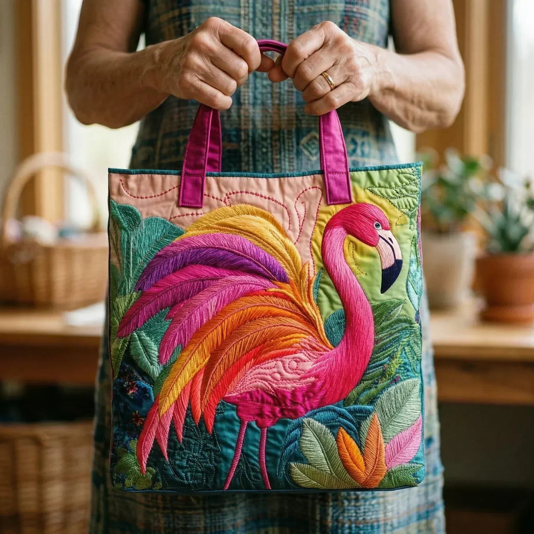 Rainbow flamingo print quilted tote bag with structured stitched design