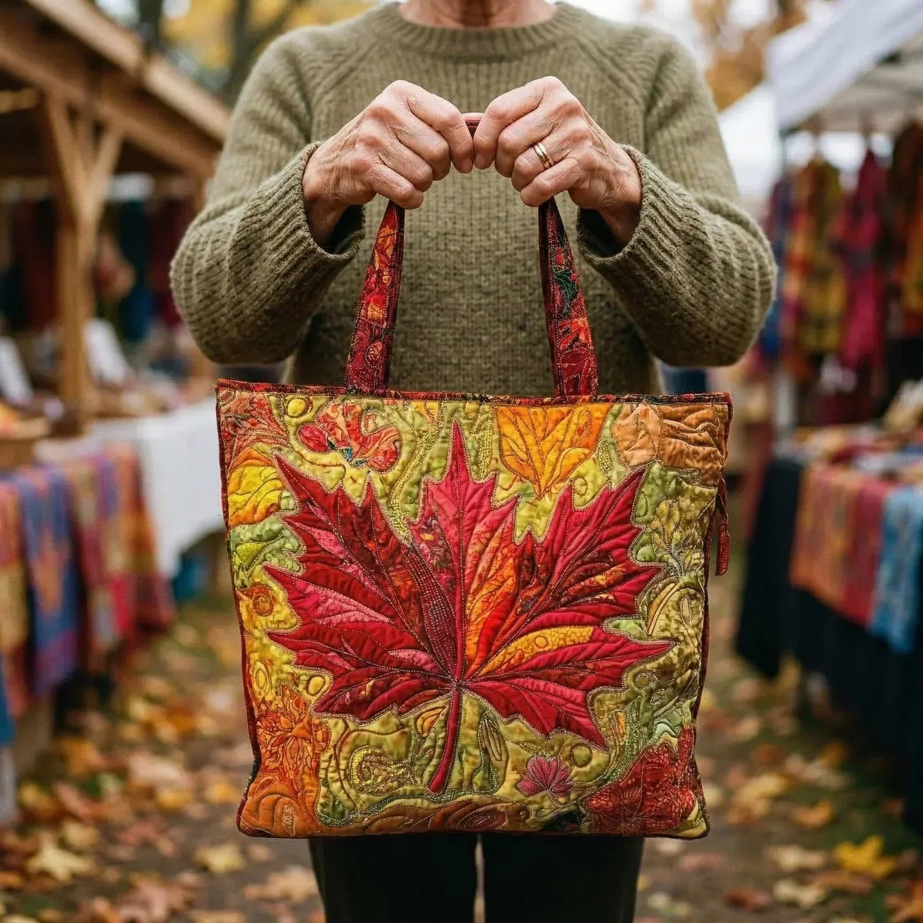 Handmade artisan bag in warm maple sunset tones, shown for everyday carry