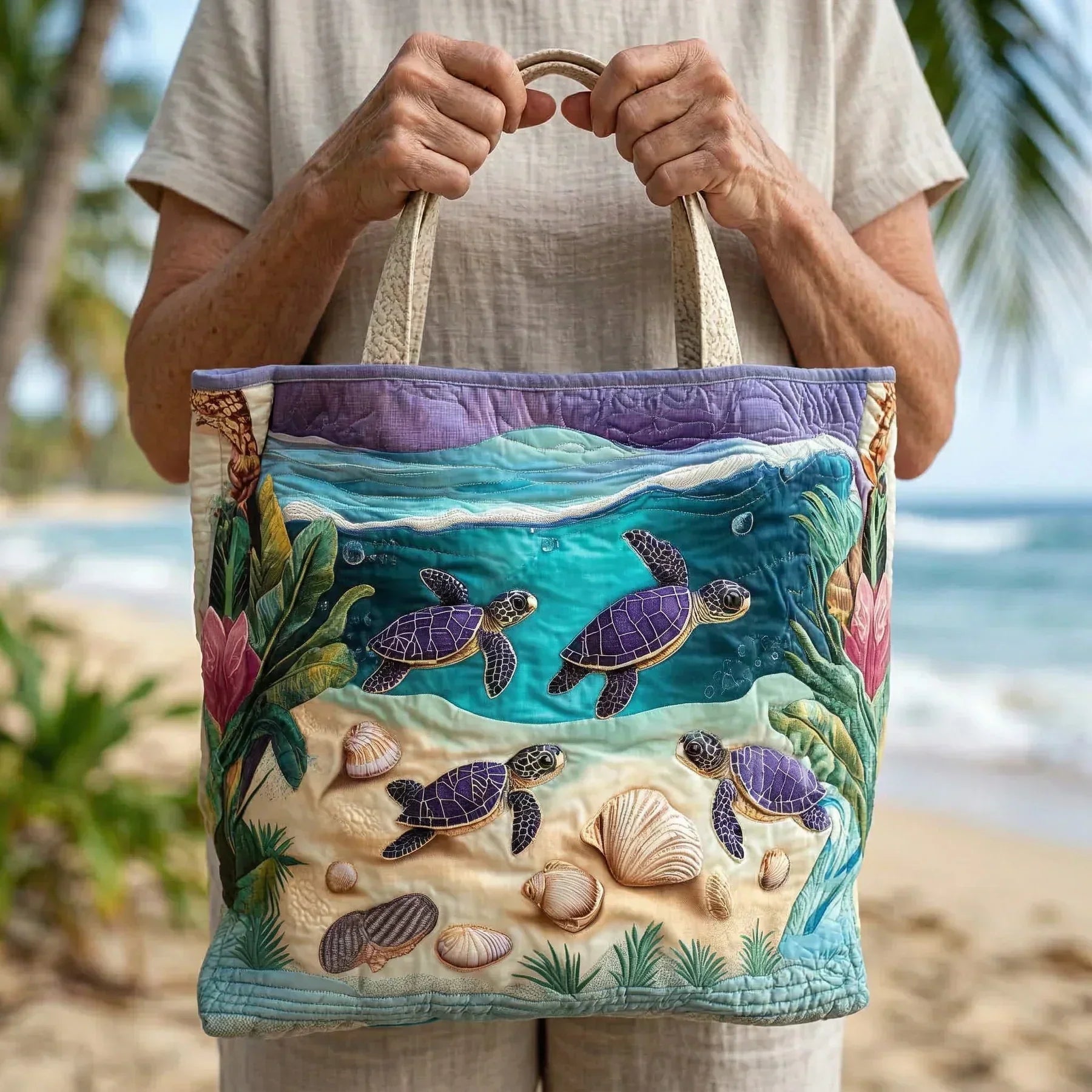 Artisanal Spirit of the Lagoon tote bag shown in two sizes for everyday use
