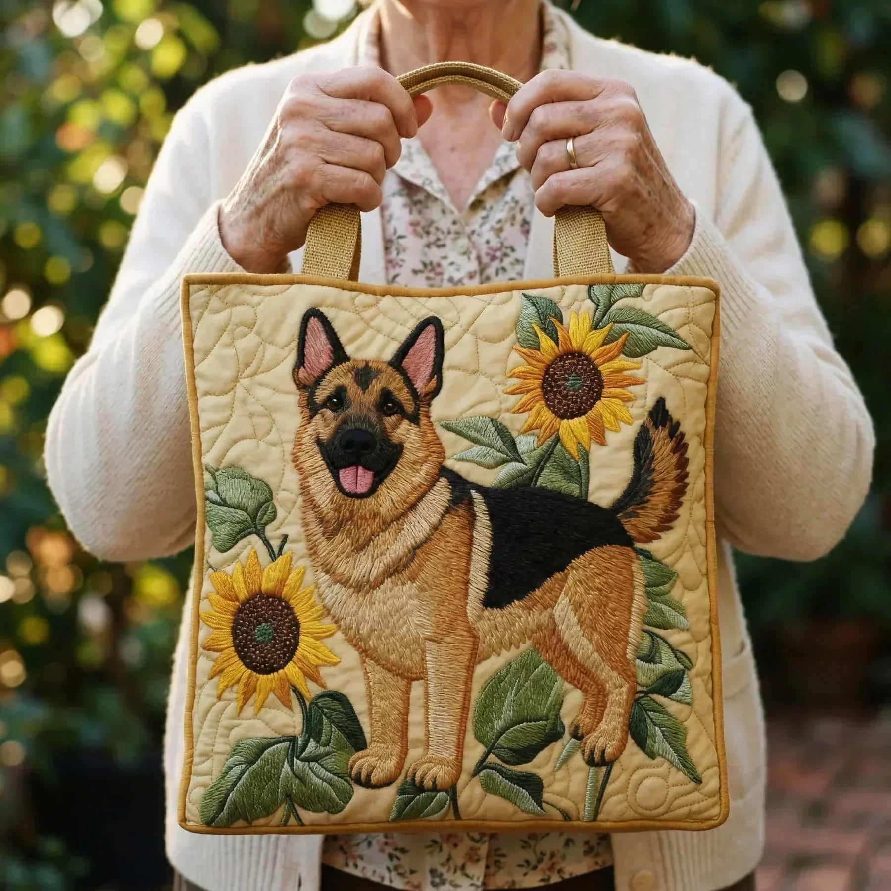 Artisanal handmade tote bag with German Shepherd floral design