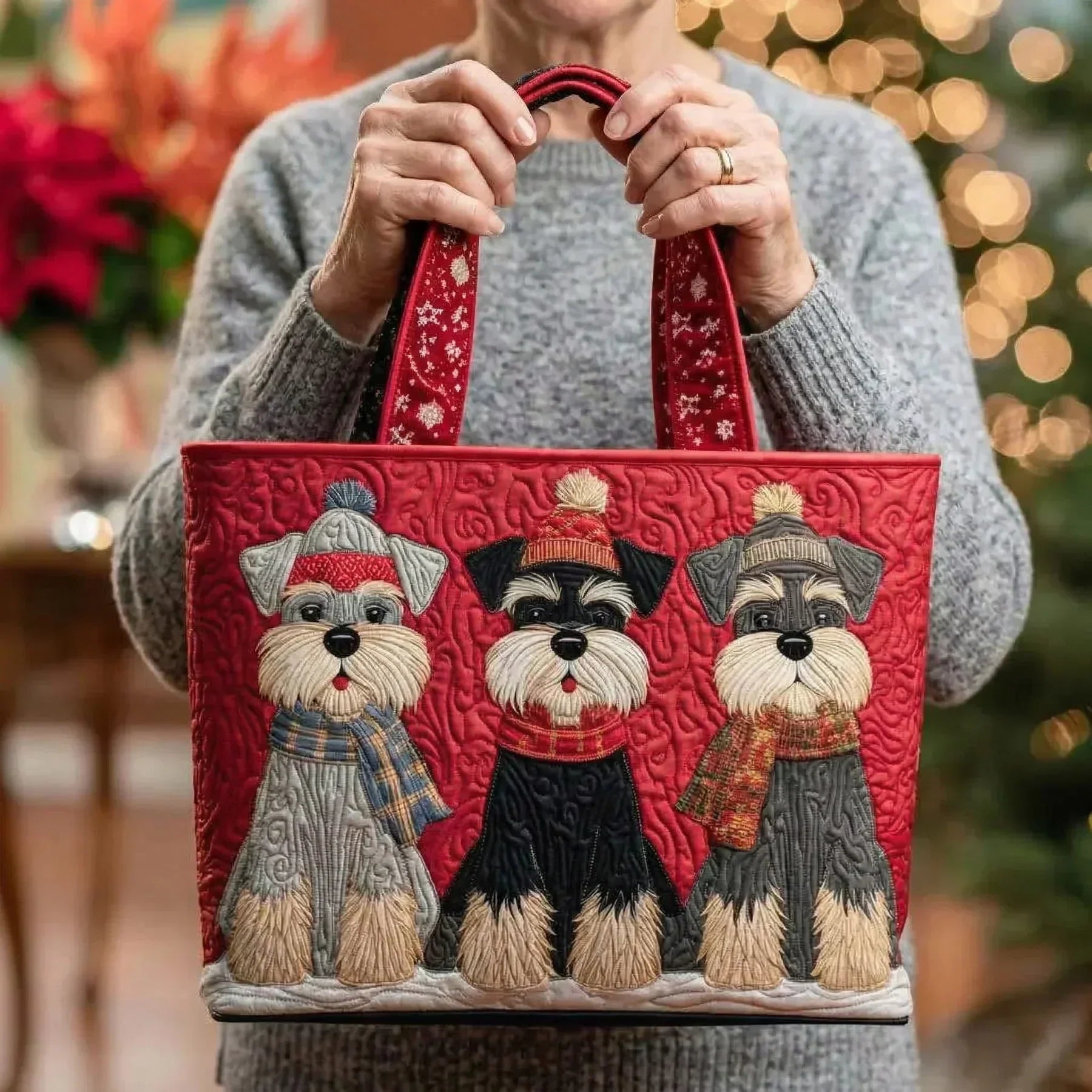 Handmade artisan tote bag featuring a playful trio of schnauzers design