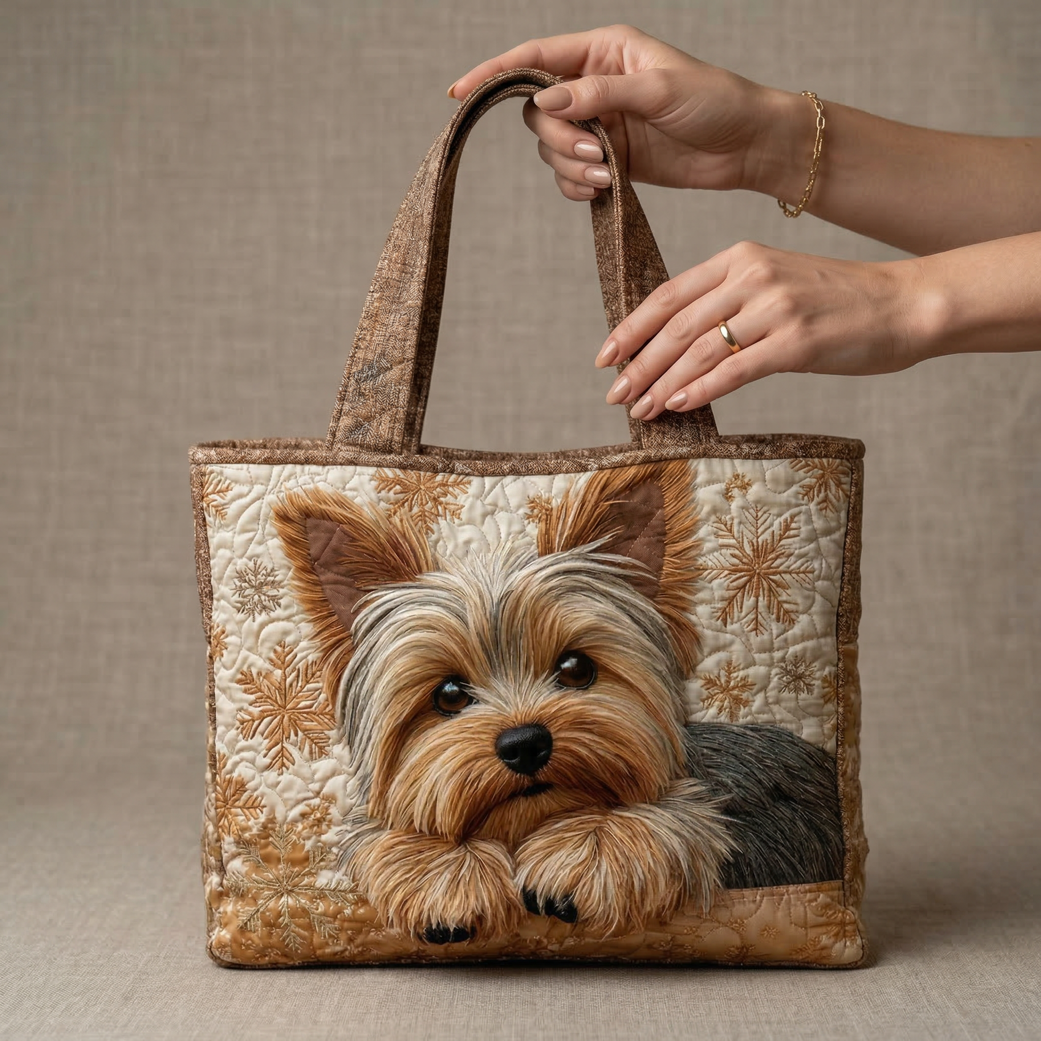 Adorable Yorkshire handmade artisanal tote bag shown in two sizes