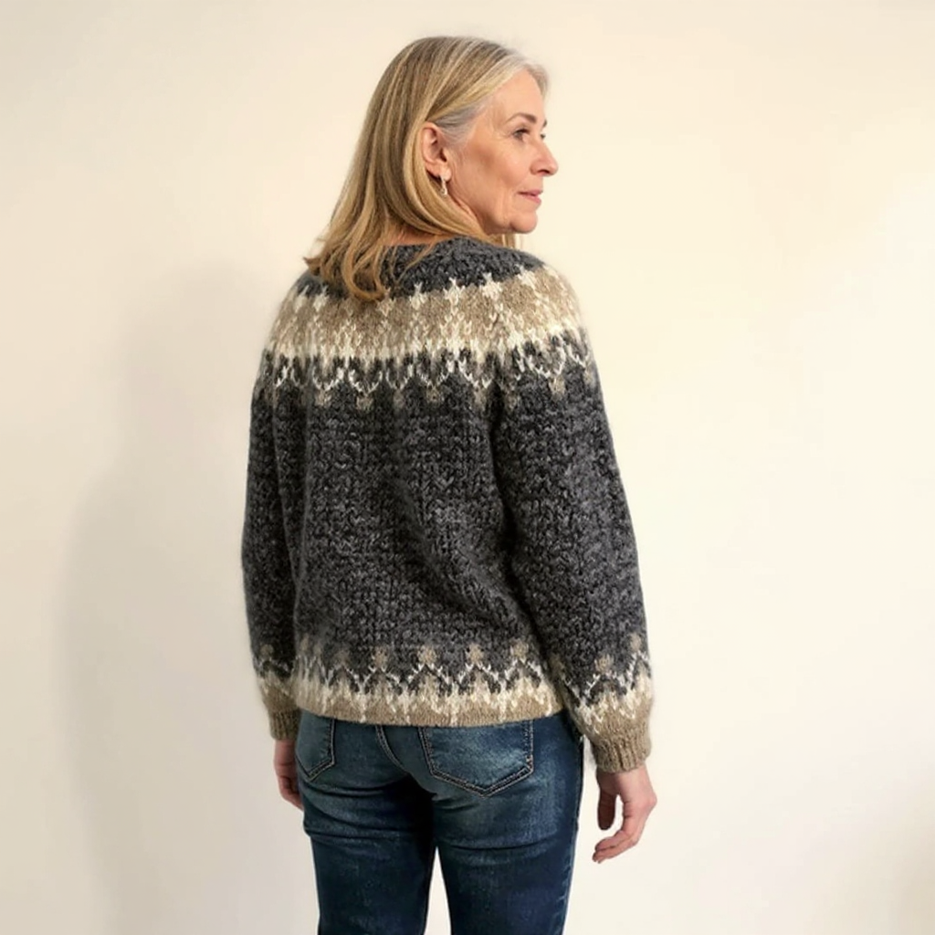 Samantha Icelandic-style knit sweater in black, blue, gray and red