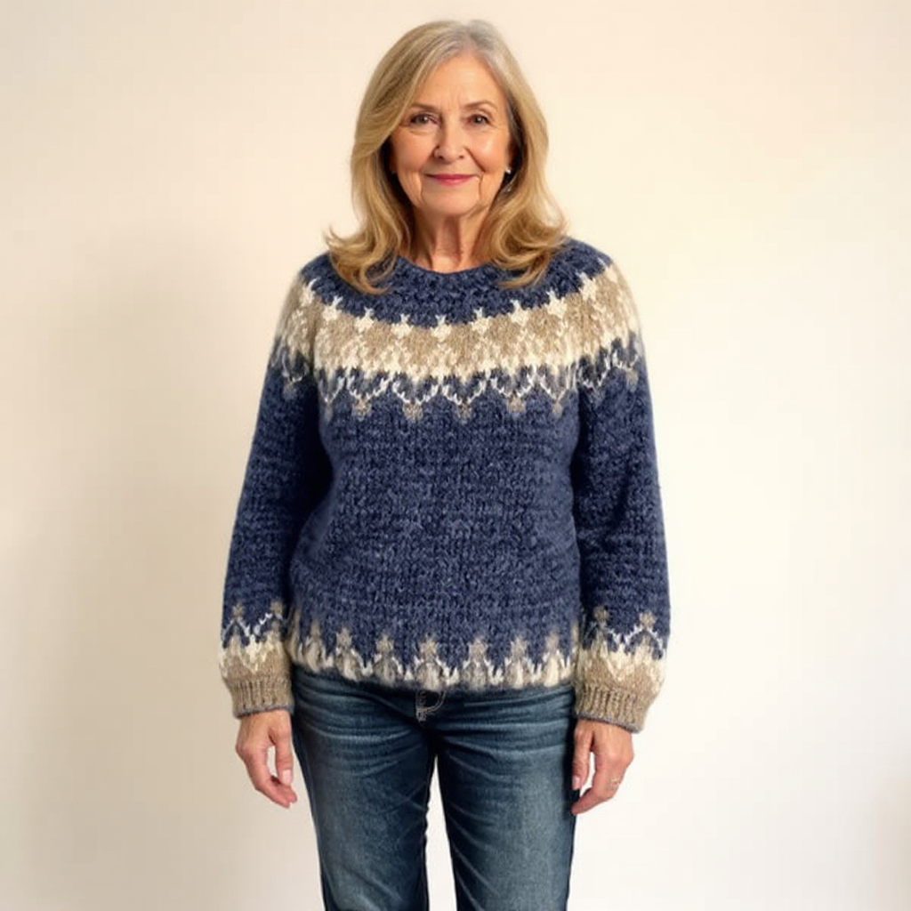 Samantha Icelandic-style knit sweater in black, blue, gray and red