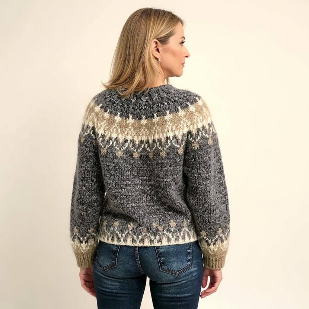 Samantha Icelandic-style knit sweater in black, blue, gray and red