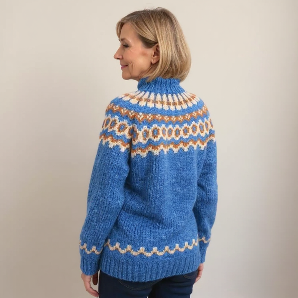 Amara cosy knit sweater shown in orange, grey, blue and khaki colour options