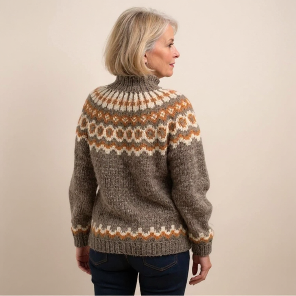 Amara cosy knit sweater shown in orange, grey, blue and khaki colour options