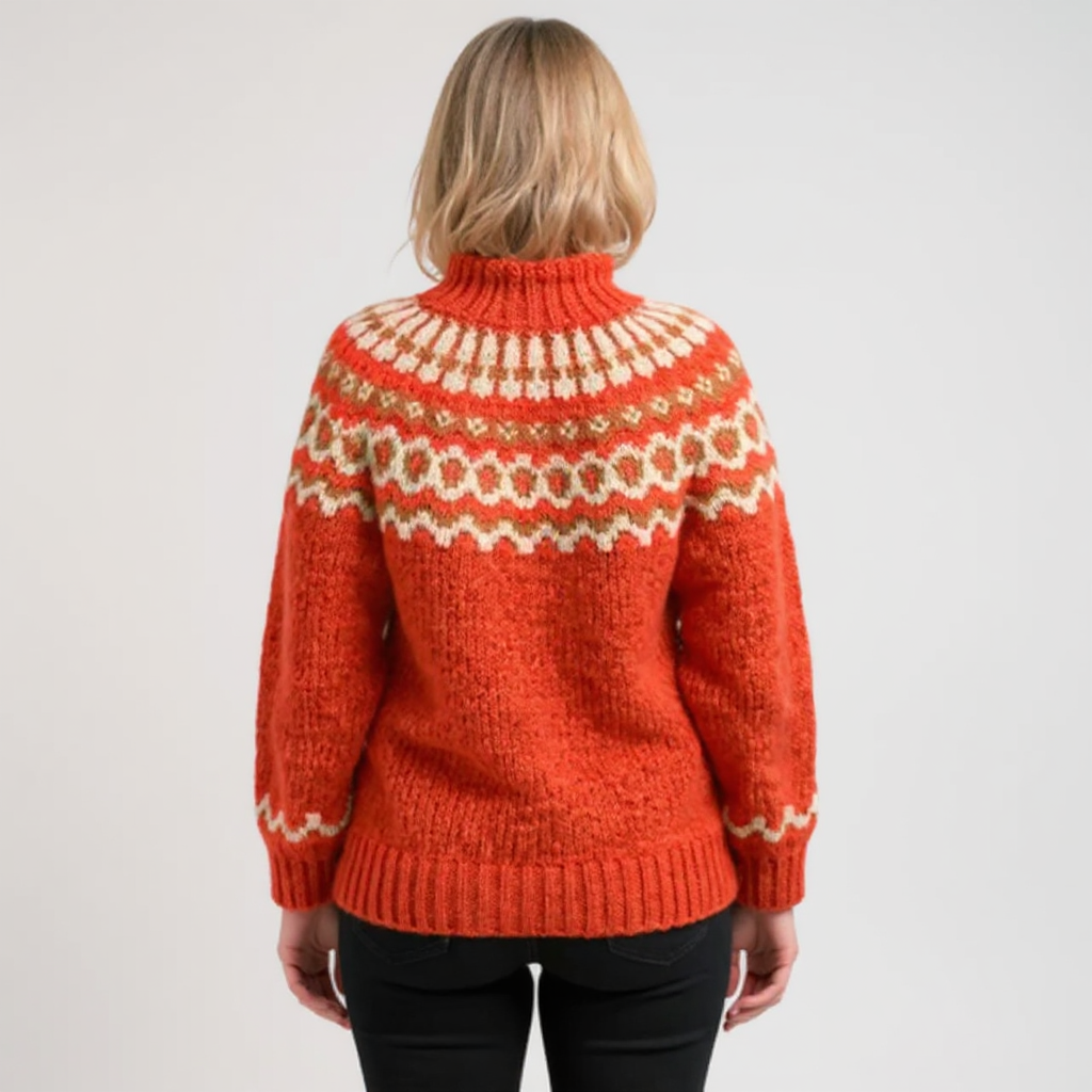 Amara cosy knit sweater shown in orange, grey, blue and khaki colour options