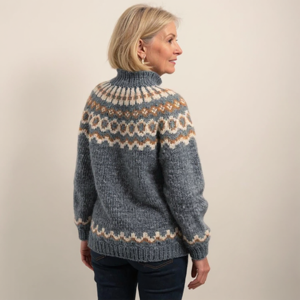 Amara cosy knit sweater shown in orange, grey, blue and khaki colour options