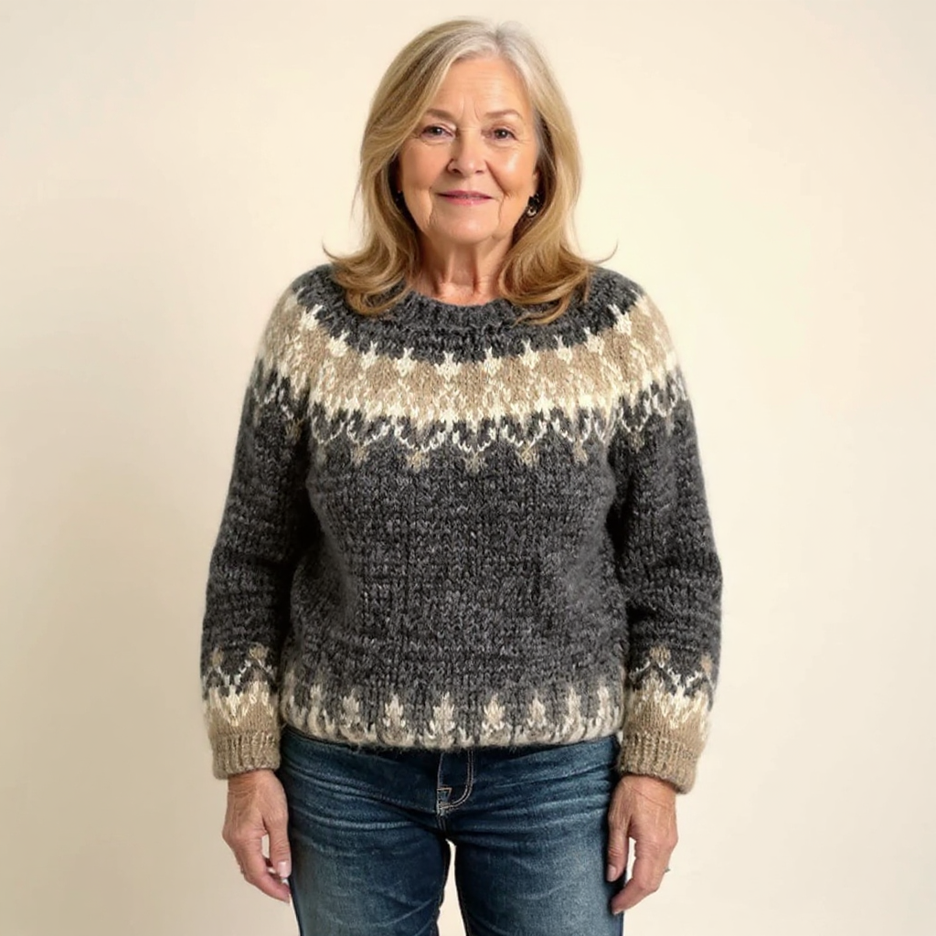 Samantha Icelandic-style knit sweater in black, blue, gray and red
