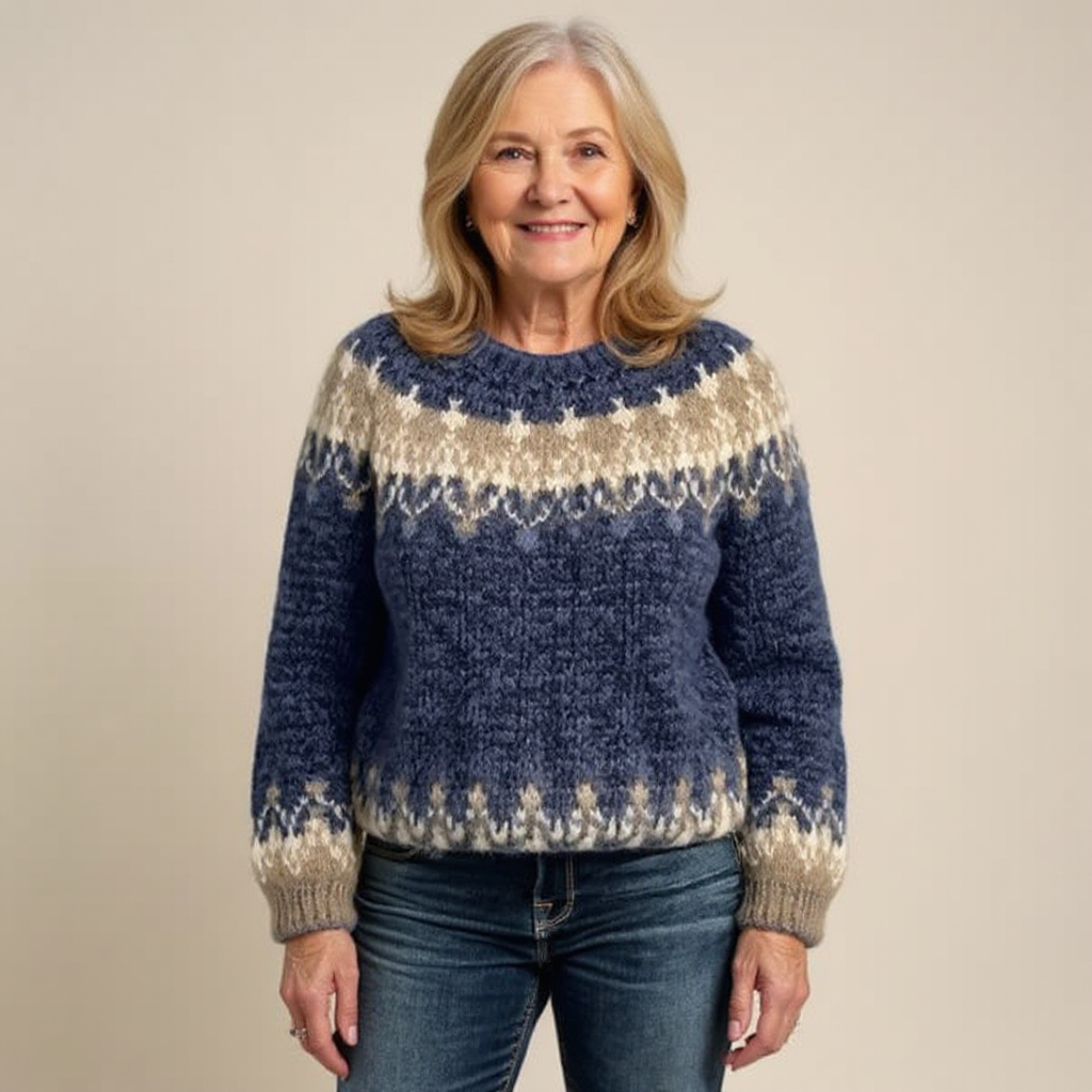 Samantha Icelandic-style knit sweater in black, blue, gray and red