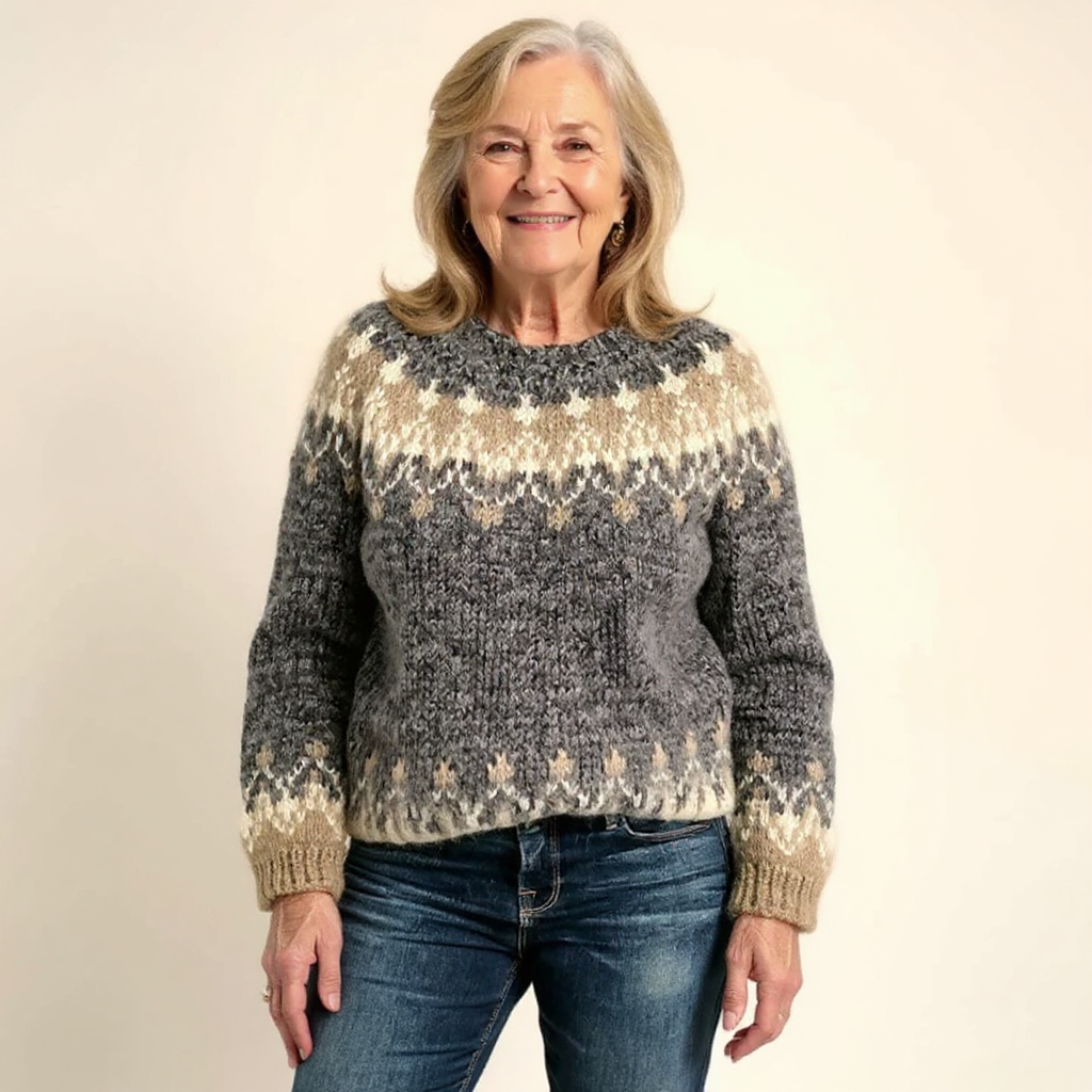 Samantha Icelandic-style knit sweater in black, blue, gray and red