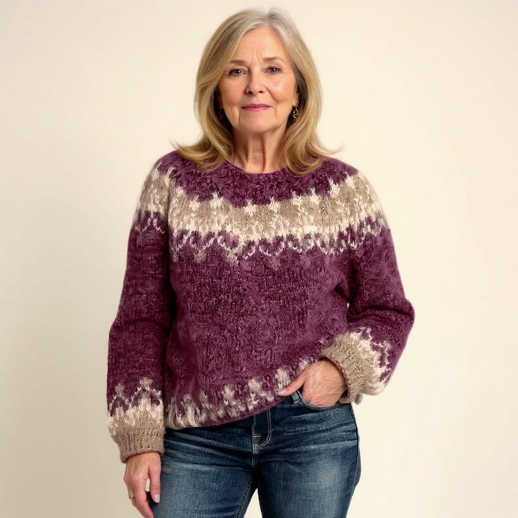Samantha Icelandic-style knit sweater in black, blue, gray and red