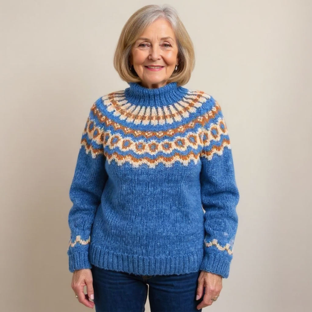 Amara cosy knit sweater shown in orange, grey, blue and khaki colour options