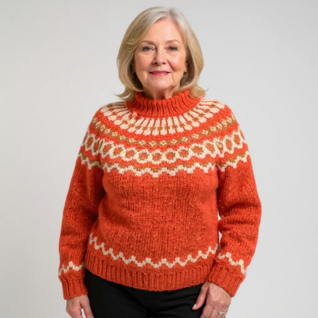 Amara cosy knit sweater shown in orange, grey, blue and khaki colour options