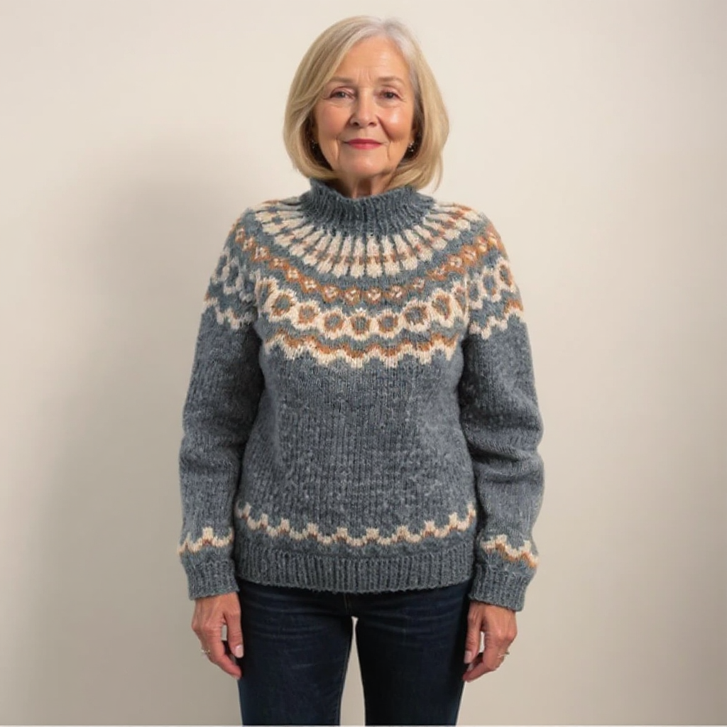 Amara cosy knit sweater shown in orange, grey, blue and khaki colour options