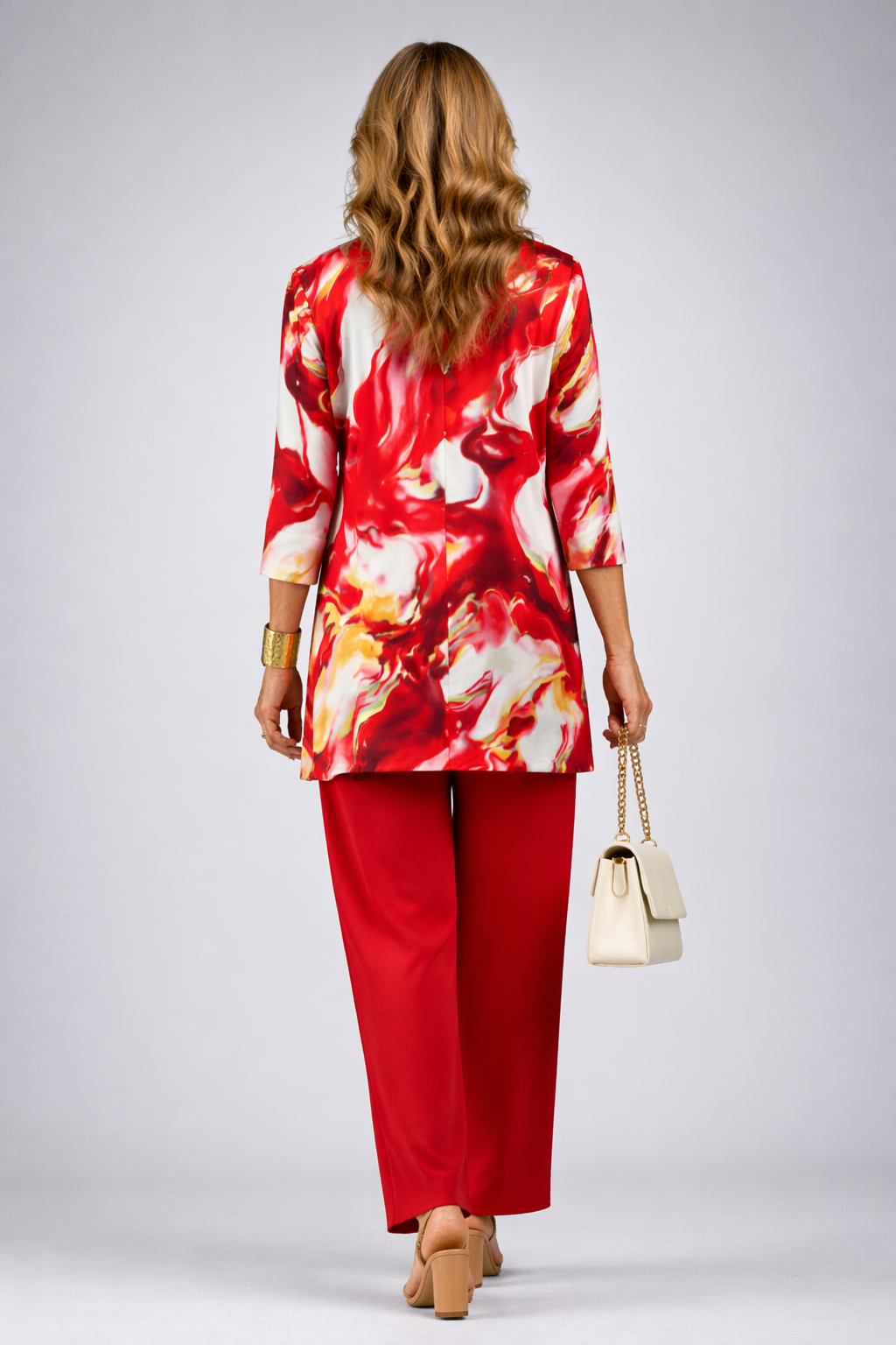 Gelsey coordinated three-piece set in red, styled together for an easy versatile look