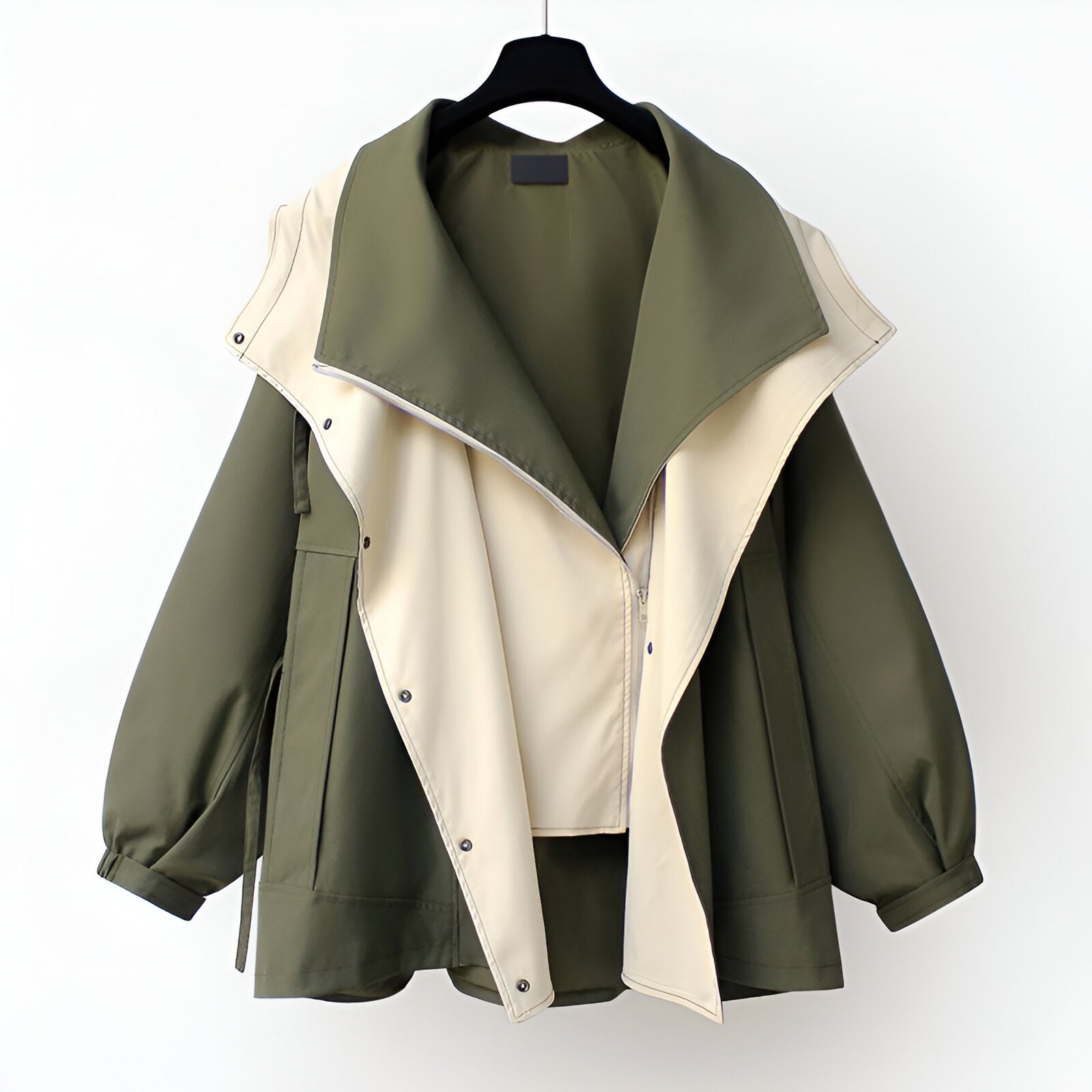 Urban Drift double-layer windbreaker jacket with drawcord waist in green, black and beige