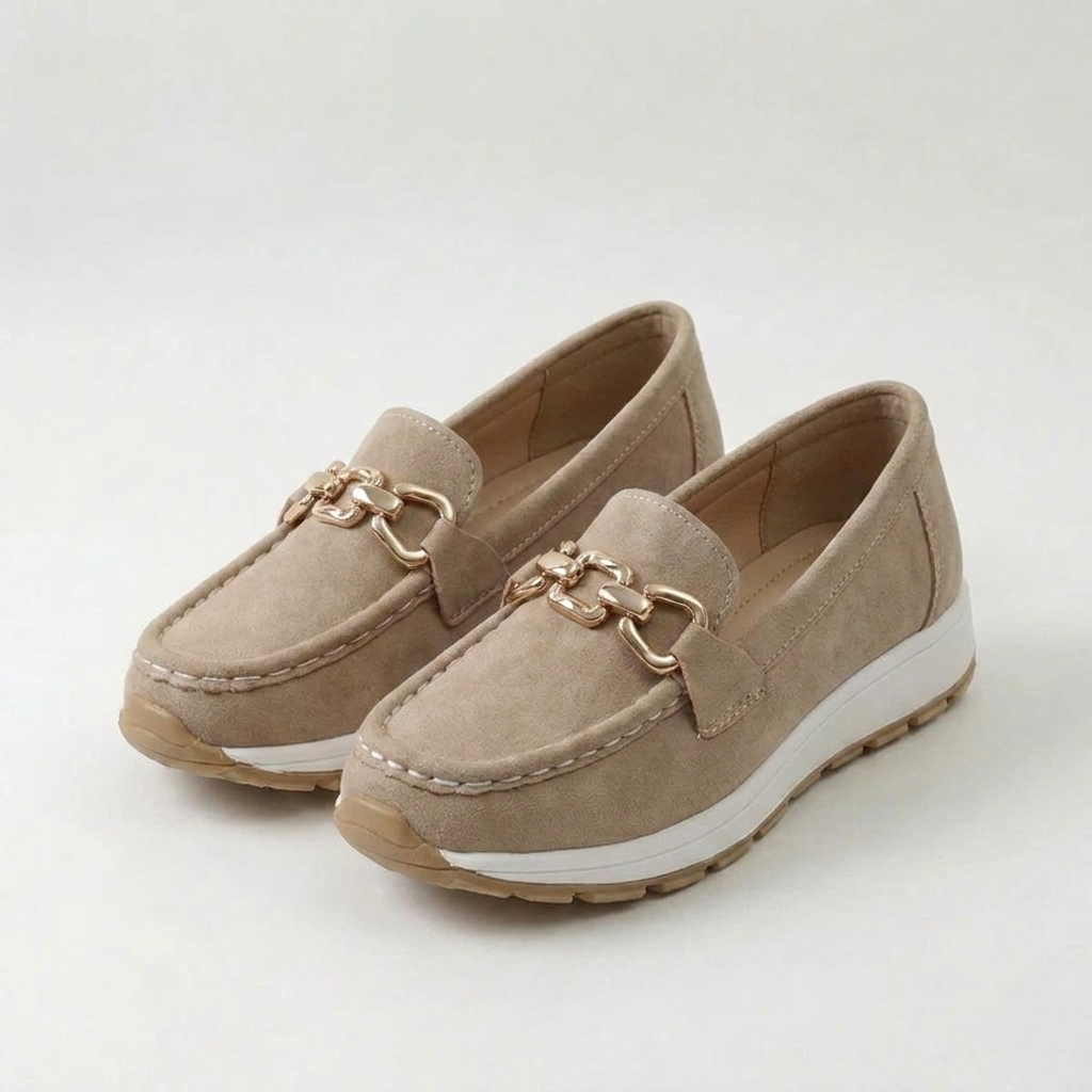 Women's buckle loafers shown in khaki, black, brown and marine blue
