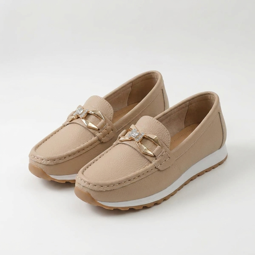 Women's buckle loafers in beige and black, classic slip-on flats