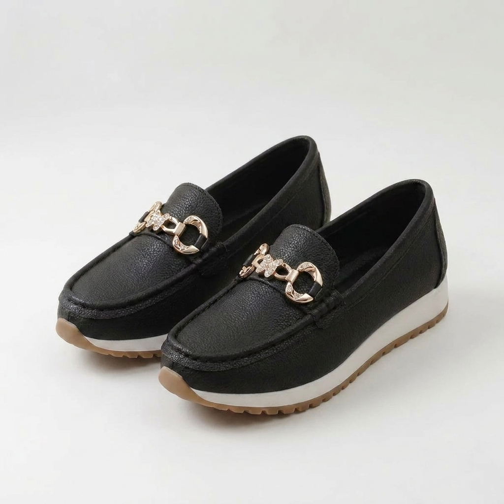 Hannah buckle loafers shown in black, beige and white