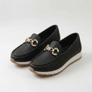 Hannah buckle loafers shown in black, beige and white