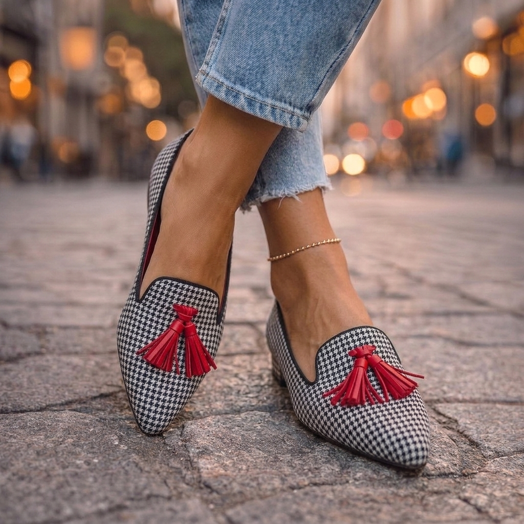 Pointed-toe tassel flats shown in leopard, zebra, plaid and solid colourways