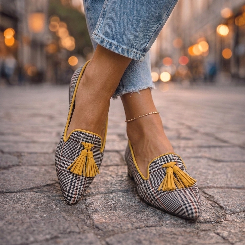 Pointed-toe tassel flats shown in leopard, zebra, plaid and solid colourways