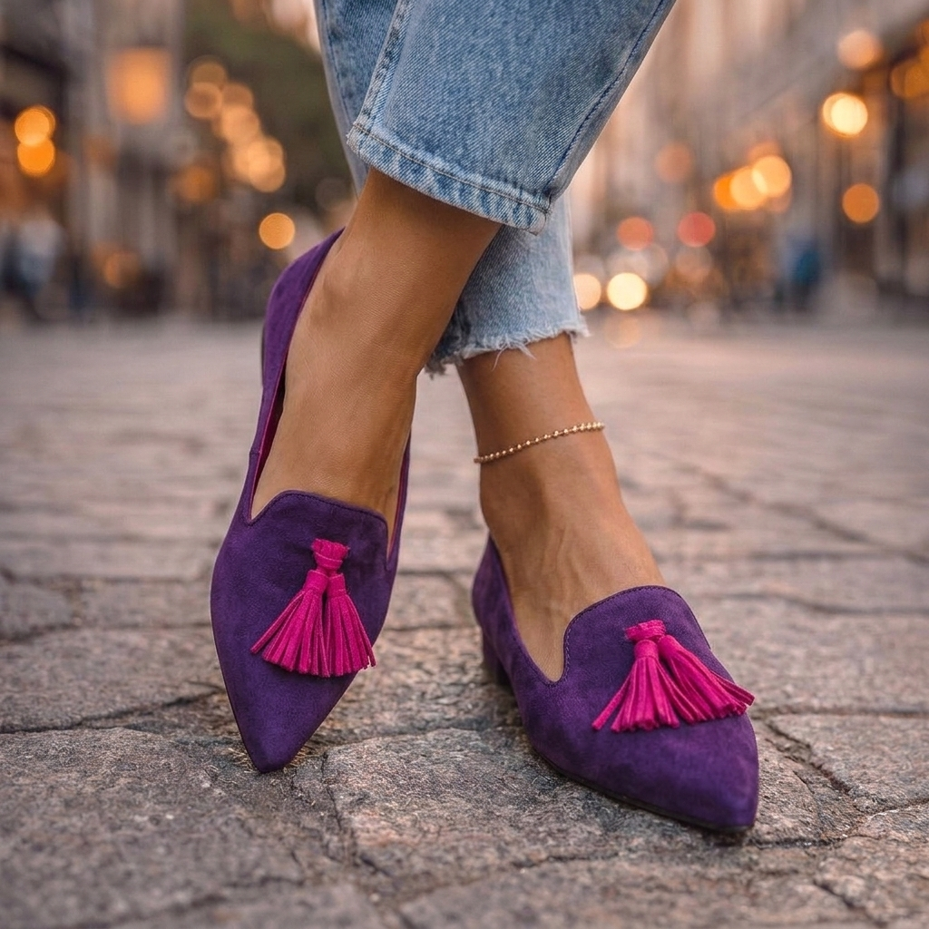 Pointed-toe tassel flats shown in leopard, zebra, plaid and solid colourways