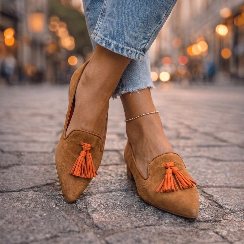 Pointed-toe tassel flats shown in leopard, zebra, plaid and solid colourways