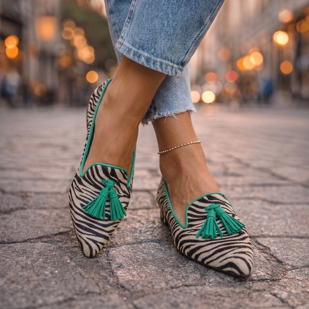 Pointed-toe tassel flats shown in leopard, zebra, plaid and solid colourways