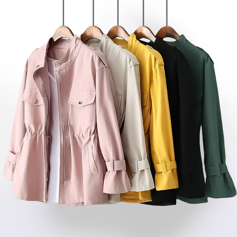 Laluna classic tailored trench coat shown in green, pink, white and black