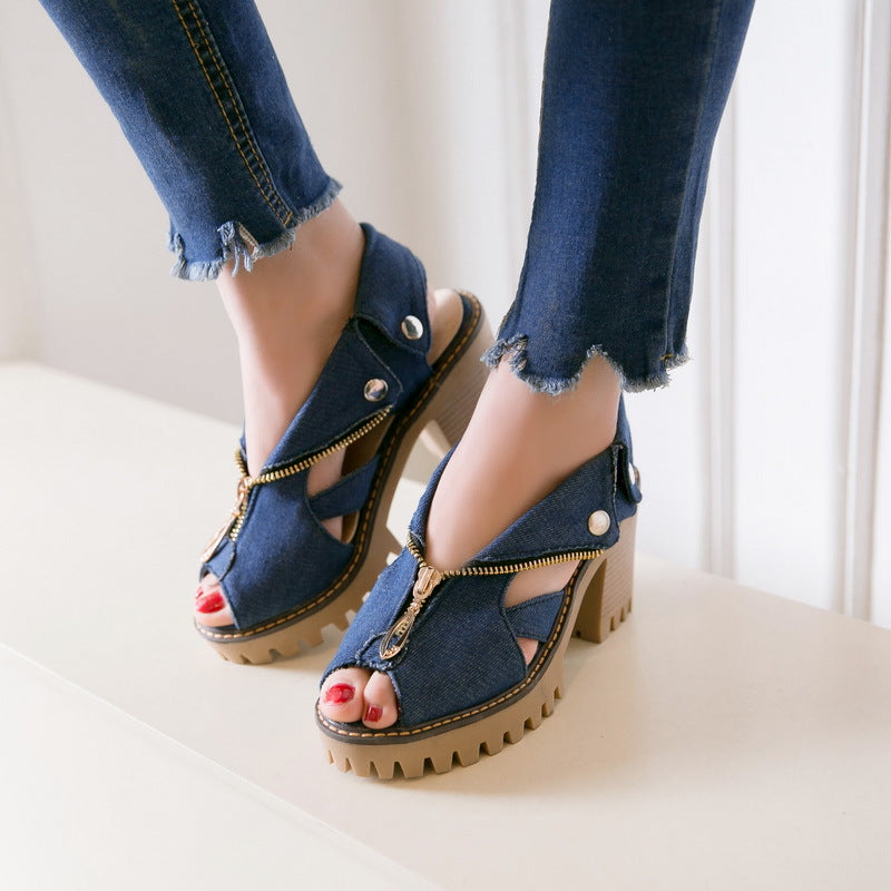 Denim-effect suede-look block heel sandals with chunky lug sole, open toe and gold-tone front zipper