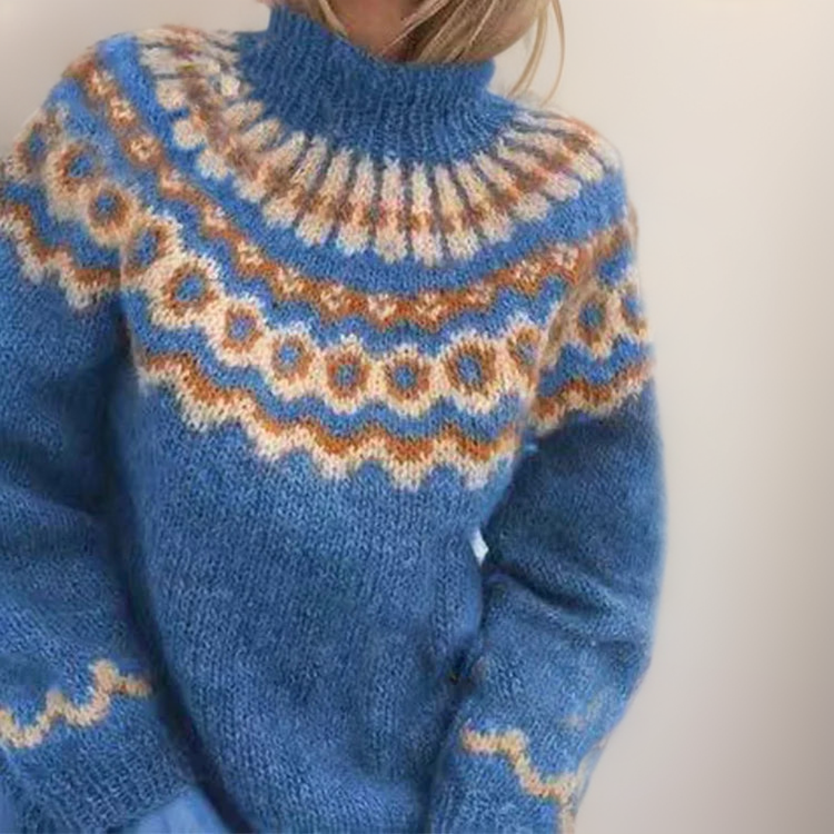 Amara cosy knit sweater shown in orange, grey, blue and khaki colour options