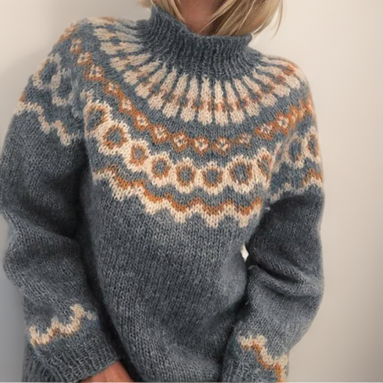 Amara cosy knit sweater shown in orange, grey, blue and khaki colour options